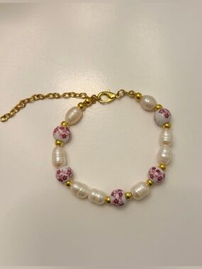 Homemade Gold-Accent Pearl Bracelet with Pink Floral Beads